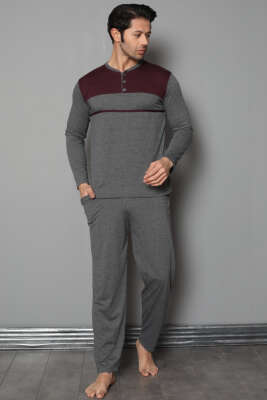 Pazarium - Düğmeli Şeritli Erkek Pijama Takımı Mürdüm