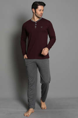 Pazarium - Nakış Detaylı Erkek Pijama Takımı Mürdüm