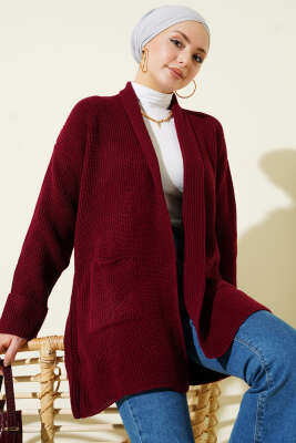 Pazarium - Şal Yaka Pirinç Örgü Triko Hırka Bordo