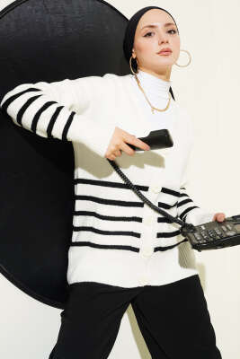 Pazarium - Cepli Çizgi Detaylı Triko Hırka Ekru