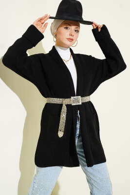 Pazarium - Şal Yaka Pirinç Örgü Triko Hırka Siyah