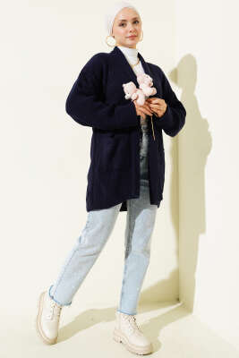 Şal Yaka Pirinç Örgü Triko Hırka Lacivert - Thumbnail