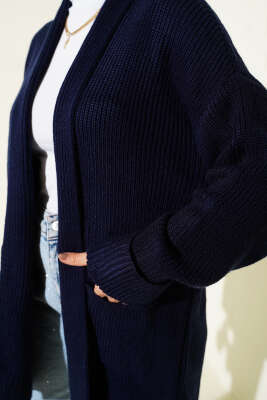 Şal Yaka Pirinç Örgü Triko Hırka Lacivert - Thumbnail