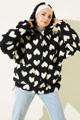 Pazarium - Kalp Baskılı Peluş Hırka Siyah