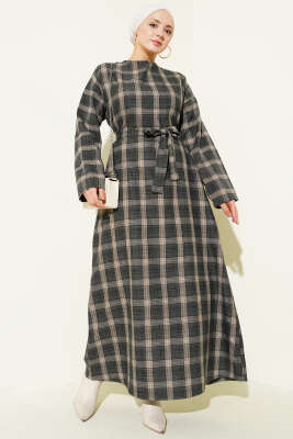 Pazarium - Kuşaklı Ekose Desenli Kloş Elbise Haki