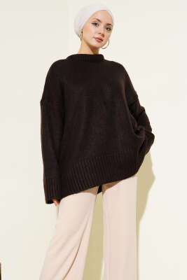 Pazarium - Basic Oversize Triko Tunik Acı Kahve