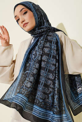 Pazarium - Minik Çiçek Motifli Soft Şal Siyah Mavi