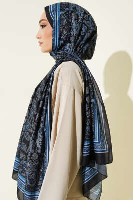 Minik Çiçek Motifli Soft Şal Siyah Mavi - Thumbnail