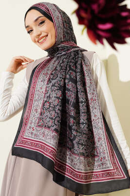 Minik Çiçek Motifli Soft Şal Siyah Bordo - Thumbnail