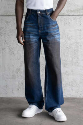 Pazarium - Efektli Baggy Erkek Kot Pantolon Koyu Mavi