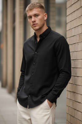 Pazarium - Regular Fit Erkek Gömlek Siyah