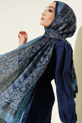 Minik Çiçek Motifli Soft Şal Lacivert - Thumbnail
