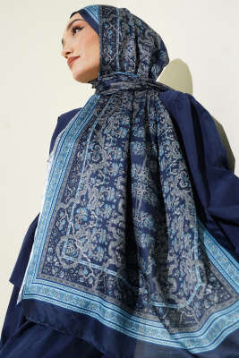 Minik Çiçek Motifli Soft Şal Lacivert - Thumbnail