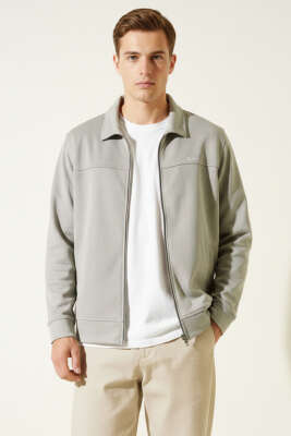 Pazarium - Polo Yaka Fermuarlı Jakarlı Erkek Sweatshirt Vizon