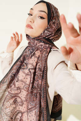 Pazarium - Paisley Desen Soft Şal Siyah Camel