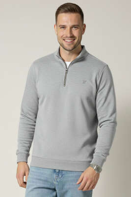 Pazarium - Loyşa Kumaş Yarım Fermuar Erkek Sweatshirt Gri