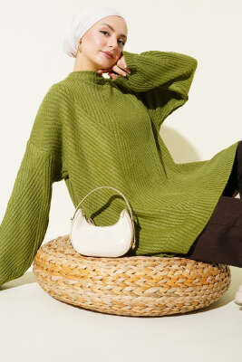 Pazarium - Çizgi Kabartmalı Triko Tunik Yeşil