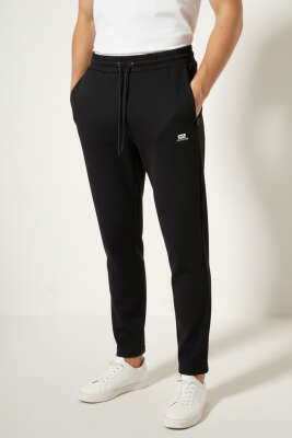 Pazarium - Gizli Cep Bel Lastikli Erkek Eşofman Altı Siyah