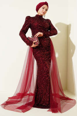 Pazarium - Tül Pelerinli Pul Payet Abiye Elbise Bordo