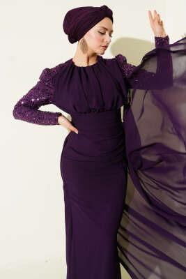 Pazarium - Kolu Pul Detaylı Pelerinli Abiye Elbise Mor