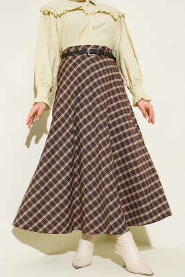 Pazarium - İnce Kemerli Ekoseli Etek Kahve