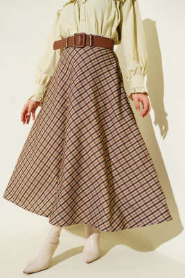 Pazarium - Kemerli Ekose Desen Kloş Etek Camel