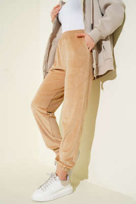 Pazarium - Paça Lastikli Kadife Jogger Pantolon Camel