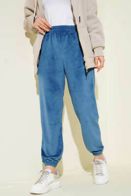 Pazarium - Paça Lastikli Kadife Jogger Pantolon İndigo