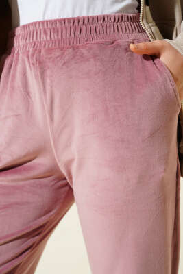 Paça Lastikli Kadife Jogger Pantolon Gül Kurusu - Thumbnail