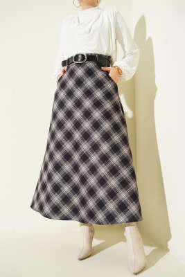 Pazarium - Oval Kemer Tokalı Ekoseli Etek Siyah