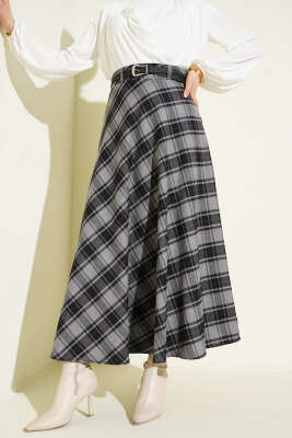 Pazarium - İnce Kemerli Ekoseli Etek Füme