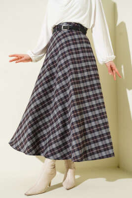 Pazarium - İnce Kemerli Ekoseli Etek Füme Lacivert