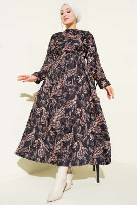 Pazarium - Paisley Desen Bel Lastikli Elbise Siyah
