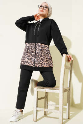Pazarium - Leopar Desen Fermuarlı Scuba İkili Takım Siyah