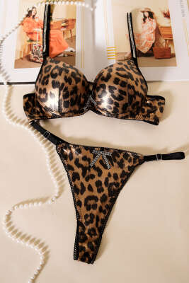 Pazarium - Deri Görünümlü Destekli Sütyen Takım Leopar