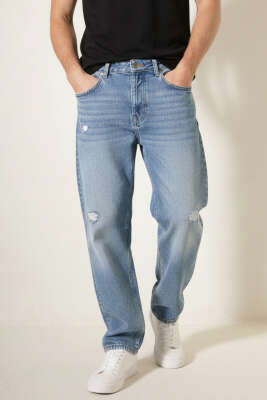 Pazarium - Regular Fit Bol Erkek Kot Pantolon Açık Mavi