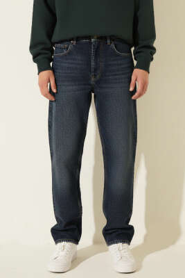 Pazarium - Baggy Fermuarlı Erkek Kot Pantolon Kahve Tint