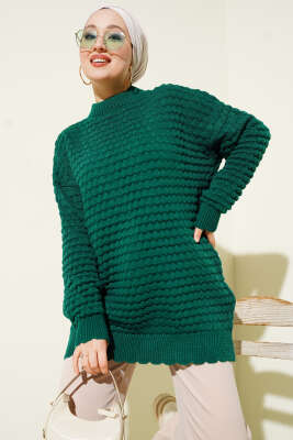 Pazarium - Popit Kabartmalı Triko Tunik Zümrüt