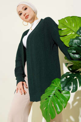 Pazarium - Pirinç Örgü Basic Triko Hırka Zümrüt