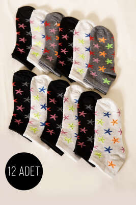 Pazarium - 12'li Kadın Desenli Patik Çorap Asorti 15