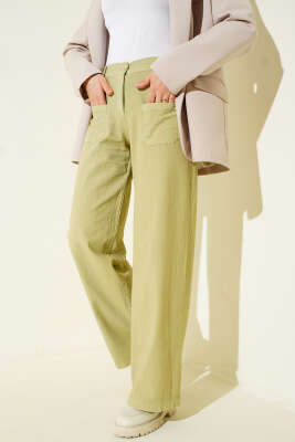 Pazarium - Cepli Keten Geniş Paça Pantolon Yağ Yeşili
