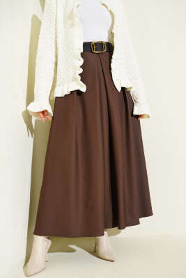 Pazarium - Kemerli Pile Detaylı Etek Kahve