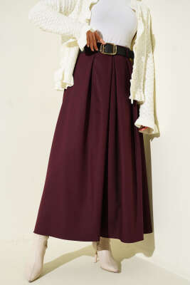 Pazarium - Kemerli Pile Detaylı Etek Bordo