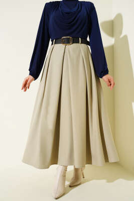 Pazarium - Kemerli Pile Detaylı Etek Bej