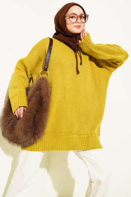 Pazarium - Düşük Omuz Oversize Triko Tunik Yağ Yeşili