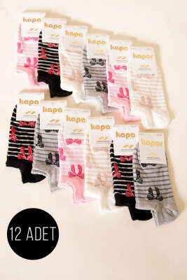 Pazarium - Kadın 12'li Karışık Desenli Sneakers Çorap Asorti 9