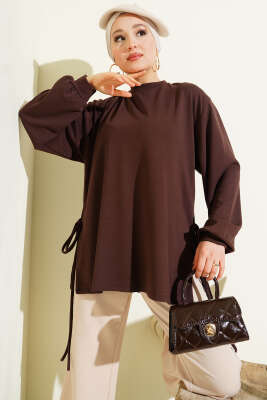 Pazarium - Loyşa Yan İp Bağlamalı Tunik Kahve