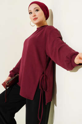 Pazarium - Loyşa Yan İp Bağlamalı Tunik Bordo