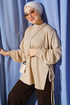 Pazarium - Loyşa Yan İp Bağlamalı Tunik Bej
