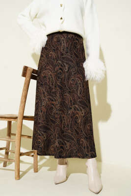 Pazarium - Paisley Desenli Kloş Etek Siyah